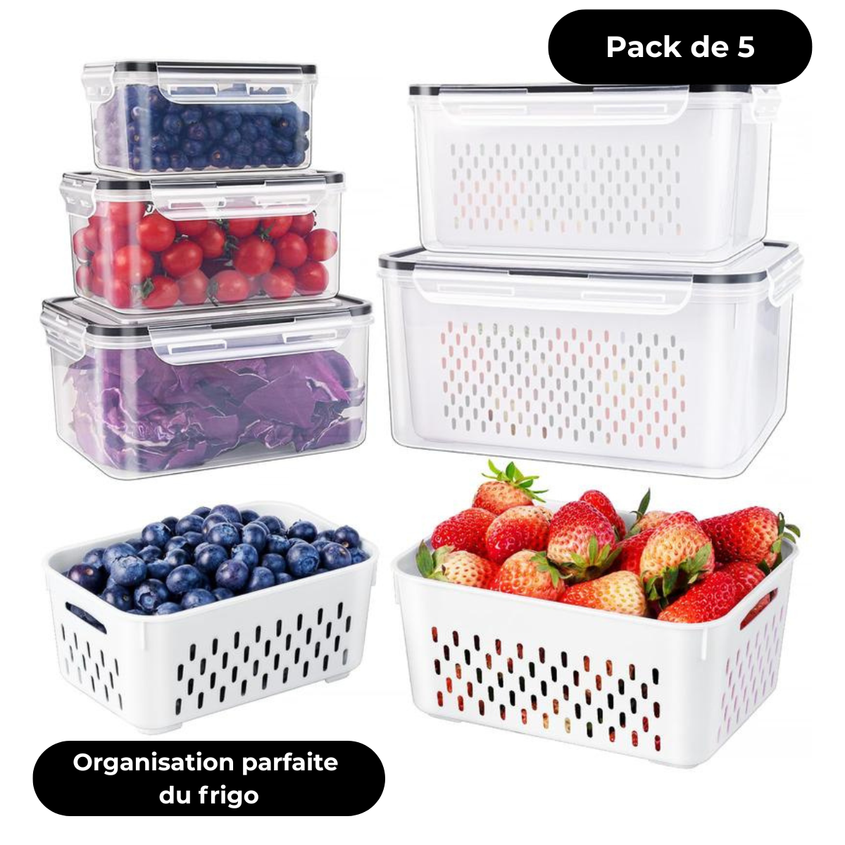 FreshBox - Pack de 5 boîtes pour un frigo parfaitement organisé